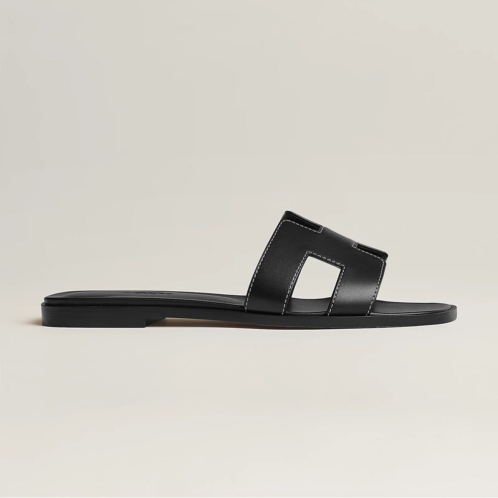 Hermes Black Leather Oran Slide Sandals New 39.5 - Picture 2 of 10